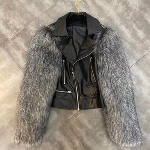 Nouvelle mode femmes à manches longues col rabattu en cuir PU patché fausse fourrure de renard cool mode manteau court veste S M L