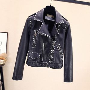 Nueva moda de mujer de manga larga con cuello vuelto de cuero PU cool punk remaches patchwork de talla grande chaqueta abrigo casacos S M L XL