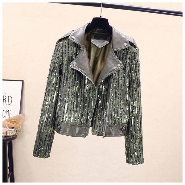 Nouvelle mode femmes à manches longues col rabattu en cuir PU patché paillette brillant bling luxe veste courte manteau S M L XL