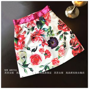 Nouvelle mode femmes paillette paillettes patché taille haute rose fleur jacquard a-ligne jupe courte plus la taille conception de luxe jupe S M L