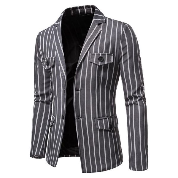 2020 nouveau col plat hommes Blazers décontracté simple boutonnage mode rayé hommes Blazer veste automne plusieurs poches Blazer hommes