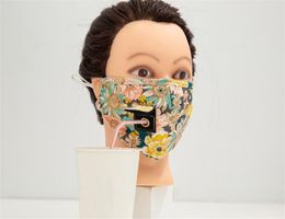 2020 Nieuwe bloemenprint Gezichtsmaskers met opening voor stro Gemakkelijk voor het drinken van maskers Wasbare herbruikbare katoenen maskers