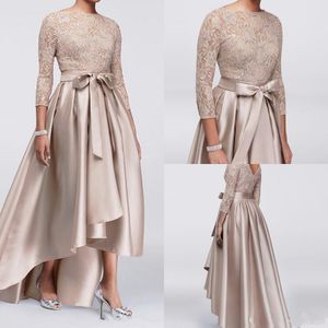 2020 Formelle Champagne Mère Hors Robes De Mariée En Dentelle Appliques Paillettes 3/4 Manches Longues Satin Haut Bas Écharpes Mère De La Robe De Mariée