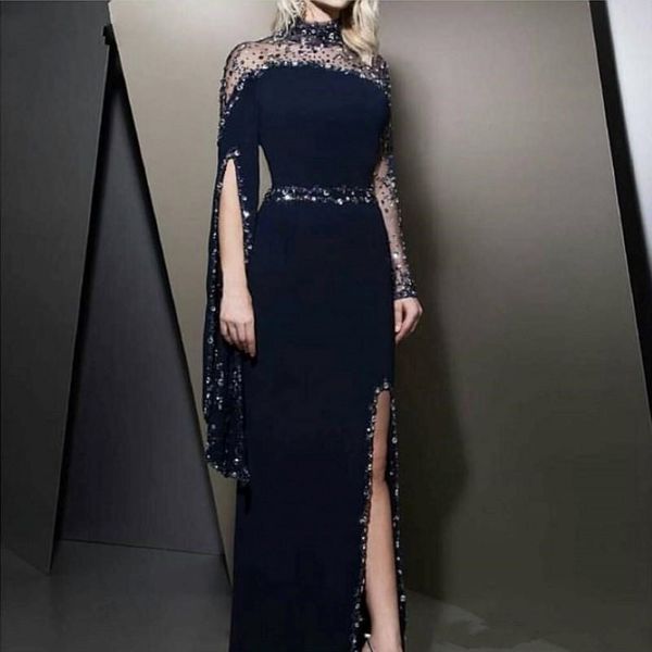 2020 Nouvelles robes de soirée bleu marine haut de cou formels Kaftan Dubai Boue de fête à manches longues modeste robe de soire la robe de bal fendue 249