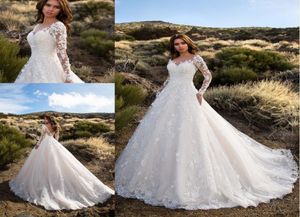 2020 Nieuwe Glamorous Lange Mouwen Full Lace Trouwjurken V-hals Bloemen Hof Trein Bruidsjurken Robe De Mariage5647362