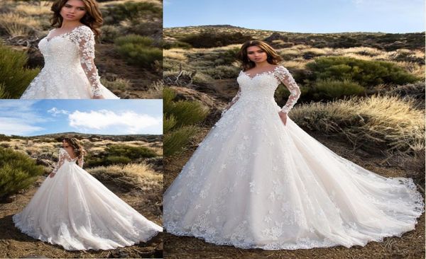 2020 nuevos vestidos De novia glamorosos De manga larga De encaje completo con cuello en V vestidos De novia De cola De corte Floral Robe De Mariage7992678