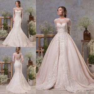 2020 magnifiques robes de mariée sirène avec train détachable bijou cou dentelle Appliqued manches longues robes de mariée robe de mariée de plage personnalisée