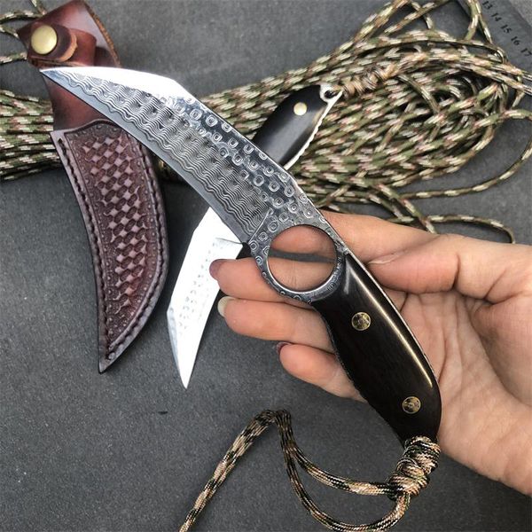 2020 nouveau couteau à lame fixe haut de gamme damas VG10 lame en acier damas couteaux tactiques à manche en ébène complet avec gaine en cuir