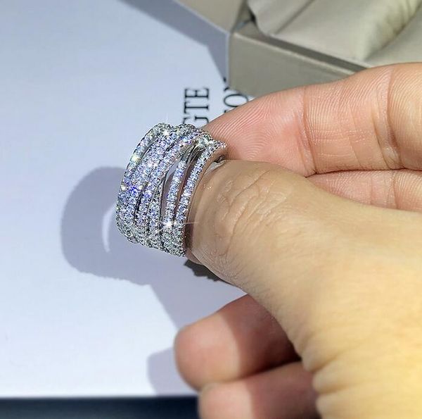 2020 nueva gran oferta de joyería de lujo de plata de ley 925 pavé de zafiro blanco CZ diamantes piedras preciosas mujeres anillo de boda anillo cruzado para regalo de amante