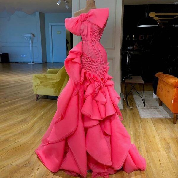 2020 nuevos vestidos de graduación de sirena con volantes de color rosa intenso 2020 imagen Real vestidos largos elegantes para graduación vestido de fiesta Formal de moda con lazo grande