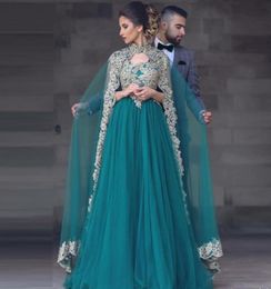 2020 Nouveau chasseur Green Arabe Muslim Robes de soirée à manches longues Appliques Two Piece With Wrap Formal Prom Robe plus taille Dubaï P1971681