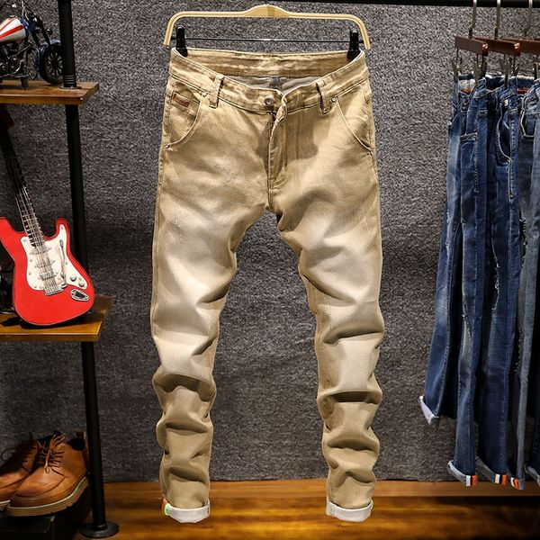 2020 Jeans nuevos 7 colores para hombres pantalones vaqueros ajustados elásticos moda Casual pantalones vaqueros delgados hombres caqui verde gris de talla grande 38-28