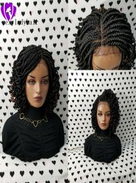2020 Nieuwe kant frontale korte gevlochten pruiken voor zwarte vrouwen synthetische kant -vlechten pruik met krullende tips babyhaar8058365