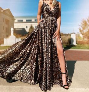 2020 Nouvelles robes imprimées léopard en soirée Wear High Side Slit Deep V-C col Spaghetti Forme Part Prom Robe Homecoming Bridesmaid Women Gown