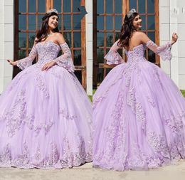 2020 Nouveau Lilas Quinceanera Robes Chérie Dentelle Applique Corset Retour Tulle Satin Pageant Longues Manches Juliette Doux 16 Fête Bal6664394