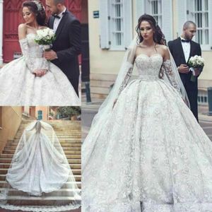 2020 Nouvelle robe de mariée de luxe robe de bal dentelle perles chérie robes de mariée à manches longues paillettes balayage train robes de mariée