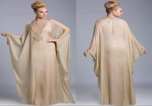 2020 Nouveau Luxe Champagne Dubaï Islamique Kaftan Robes De Soirée En Mousseline De Soie Cristal Arabe Manches Longues Perlée Balayage Train Robe De Bal P5743055