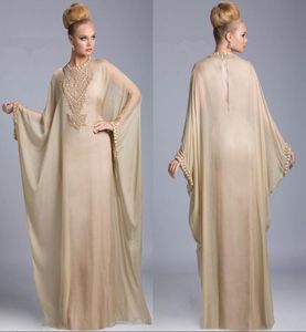 2020 Nouveau champagne de luxe Dubaï Islamic Kaftan Robes de soirée Crystal Crystal Arabe Long Sweed Sweep Train Prour Robe P8604796