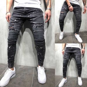 2020 nieuwe mannen gescheurde punt gedrukt skinny jeans vernietigd gerafeld slim fit denim broek casual mannen slanke gat rits balck jeans broek x0621