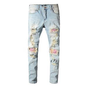 Jeans pour hommes 2021 Patchwork Paisley Paisley Viker Imprimé Trous Bleu Lumineux Pantalon Denim Stretch Denim