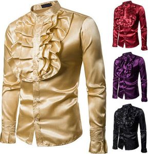 Camisas de vestir para hombre 2021, moda de otoño para hombre, camisa de manga larga con volantes y cuello levantado, traje Formal de fiesta informal elegante, S-XX Vintage