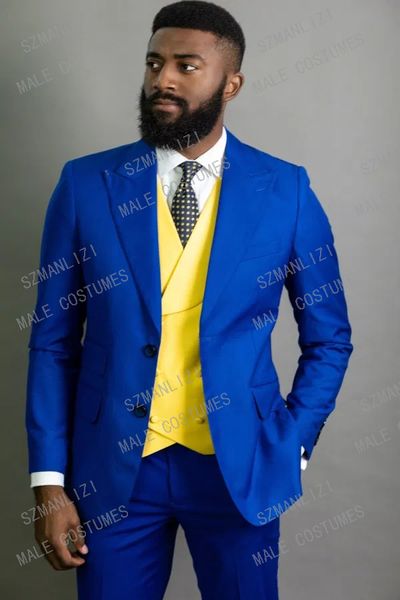 2020 nouveaux hommes bleu Royal Slim Fit 3 pièces costume de mode jaune Double boutonnage gilet Tuxedos pour hommes costume de mariage meilleur homme Blazer