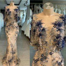 2020 NIEUWE Mermaid Avondjurken Sheer Neck Beaded Feathers Prom Jurken 3D Floral Applicaties Designer Celebrity Jurk