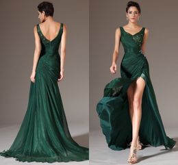 2020 nueva sirena vestido de noche largo cuello en V plisado cuentas vestido de fiesta de graduación gasa verde oscuro vestidos de noche formales