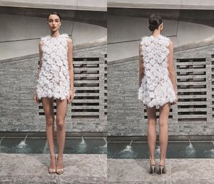 2020 Nieuwe Neem Khan Korte Trouwjurken Juweel Hals Kant 3D Floral Geappliceerd Mini Bruidsjurken Een Lijn Sweep Trein Boho Trouwjurk