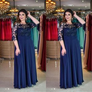 Plus Size Navy Blue A-lijn Kant Moeder van Bruid Bruidegom Jurk Juweel Hals Chiffon Vloerlengte 1/2 Mouw Formele Jurk Evening Jurken Custom Made