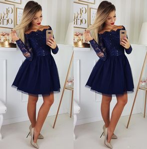 2020 Nieuwe Navy Blue Short Mini Homecoming Jurken Een lijn Off Shoulder Should Applicaties Lange Mouwen Tule Plus Size Feestjurk Cocktailjurken