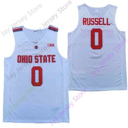 2020 Nouveau NCAA Ohio State Buckeyes Maillots 0 Russell College Basketball Jersey Blanc Rouge Taille Jeunes Adultes