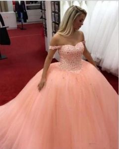 2020 nouvelle robe de bal de pêche robes de Quinceanera hors épaule cristal perles tulle dos ouvert doux 16 plus la taille robe de soirée robes de soirée de bal