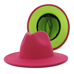 Chapeaux Fedora en feutre de laine pour femmes, en Patchwork rose et citron vert, à grand bord, Panama Trilby Jazz, casquette Derby, Sombrero Mujer313W, nouvelle collection 2020