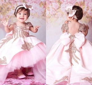 2020 NIEUWE ROZE POCKY MEISJES Pageant Jurken Cap Mouwen Pailletten Kant Applicaties Beaded Tulle Hoi Lo Length Kids Flower Girls Birthday jurken