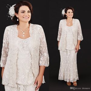 2020 nieuwe plus size moeder van de bruid jurken met jas full lace ronde nek formele slijtage enkellange lengte plus size bruidegom bruidsjurk