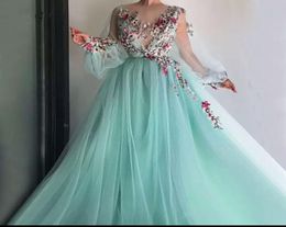 2020 nouvelle jolie menthe vert broderie florale dentelle robes de bal bouffées manches longues Illusion Oneck Aline robe de soirée robe Format9240971