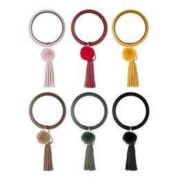 2020 nouveau bracelet en cuir PU porte-clés cercle mignon couleur unie pompon de fourrure gland bracelet porte-clés pour femmes filles bijoux 266Q