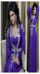 2020 Nouvelles robes de soirée en mousseline de soie violette perlée dubaï arabe musulmane Turquie longue robe de soirée robes turques Robe De Festa1858406