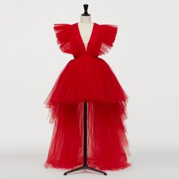 2020 NIEUW ROOD Afbeelding Hot Red High Low TuLle Prom Dresses Diep V-Neck Long Tutu Prom-jurken Ruches Ruches Formal Party Dresses 2020 294X