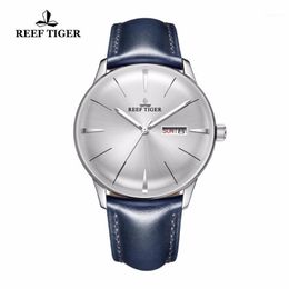 Montres-bracelets 2021 Reef Tiger / RT Montres habillées pour hommes Lentille convexe Cadran blanc Automatique Bracelet en cuir bleu RGA82381