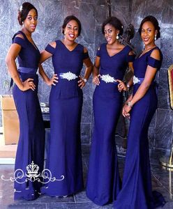 2020 Nieuwe Koningsblauw Satijn Lange Bruidsmeisjekleding Met Korte Mouwen Kralen Sash Afrikaanse Vrouwen Zeemeermin Bruidsmeisje Jurk Party 2250845