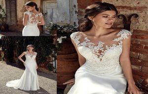 2020 Nieuwe Ronde Hals Satijn Zeemeermin Bohemen Trouwjurken Kapmouwtjes Tule Kant Applique Plus Size Bruiloft Bruidsjurken robes de 9950980