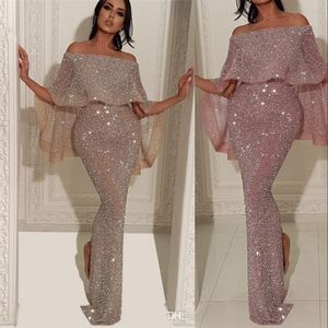 Barato Nuevo Sexy Bling Lentejuelas largas Encaje Vestidos de baile Sirena Fuera del hombro Volantes Volver Dividir Vestido de fiesta Tallas grandes Vestidos de noche formales Desgaste