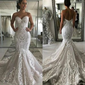 2020 Nouvelle Mode Sexy Sirène Robes De Mariée Chérie Dentelle Appliques Sans Manches Balayage Train Dos Ouvert Plus La Taille Formelle De Mariée G2843