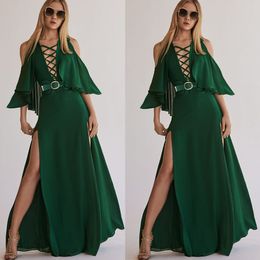 2020 nouvelles robes de bal vert sexy haute fente à lacets cou fête formelle piste mode robes de soirée