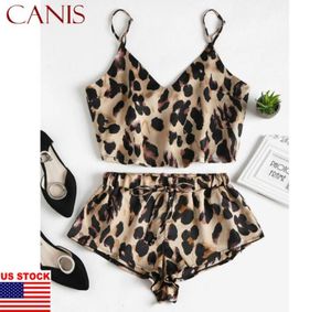 2020 Nouvelles dames sexy 2pcs Femmes Leopard Style Summer Satin Lace Sleepwear Suit Babydoll Lingerie Night Dress Set6688794