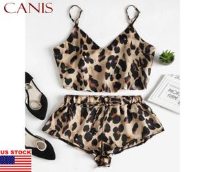 2020 Nouvelles dames sexy 2pcs Femmes Leopard Style Summer Satin Lace Sleepwear Suit Babydoll Lingerie Night Dress Set2101401