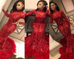 2020 Nieuwe sexy rood prom -jurken High Neck Lades Lated Long Sleeves Mermaid Sequins Feather Sweep Train Party Jurk Formele avond1500863