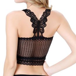2020 nuevo Sexy mujer señoras espalda transparente diseño de mariposa encaje Crochet Bustier Crop Top Fitness Bralette Halter Tank Top300D